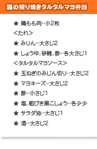 鶏の照り焼きタルタルマヨ弁当の材料・分量